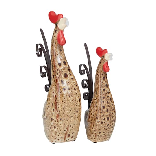 Cream Ceramic Farmhouse Rooster Garden Sculpture Set